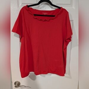 Talbots Woman Red Orange Ruffle Neck Short Sleeve Shirt in Size 2X